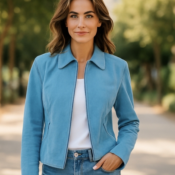 Vtg Suede Leather Turquoise Blue Zip Front Boxy Blazer Jacket  Sz 8 - Picture 6 of 10